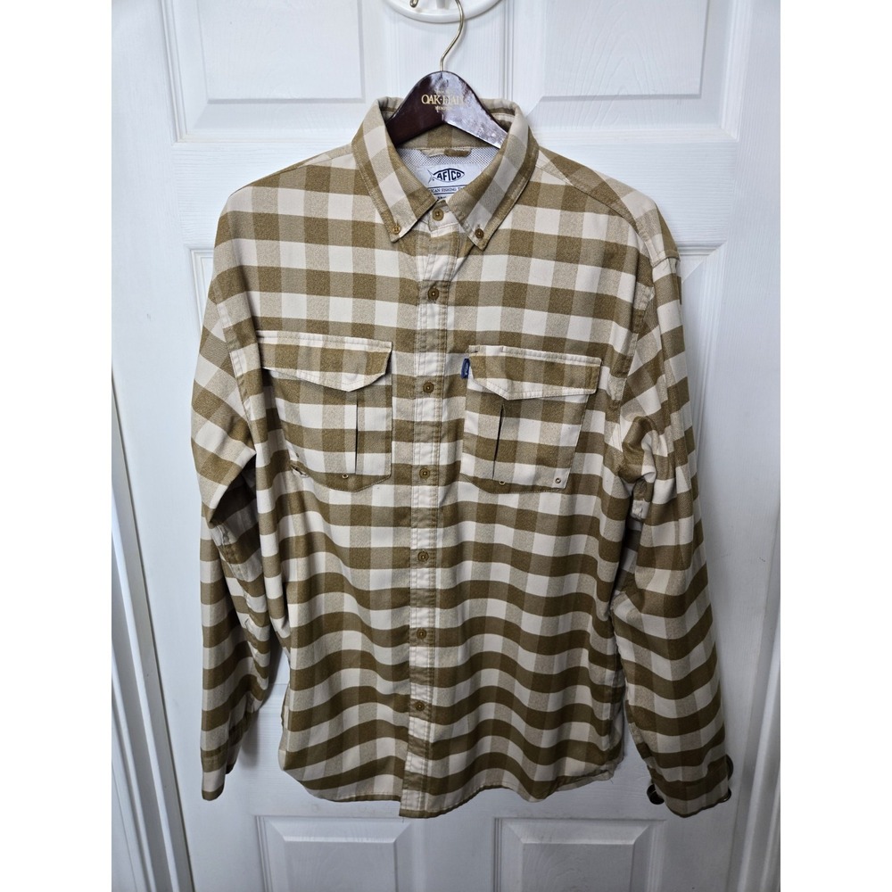 AFTCO Mens Fishing Brown Check Long Sleeve Button Up Shirt Large L RN77697